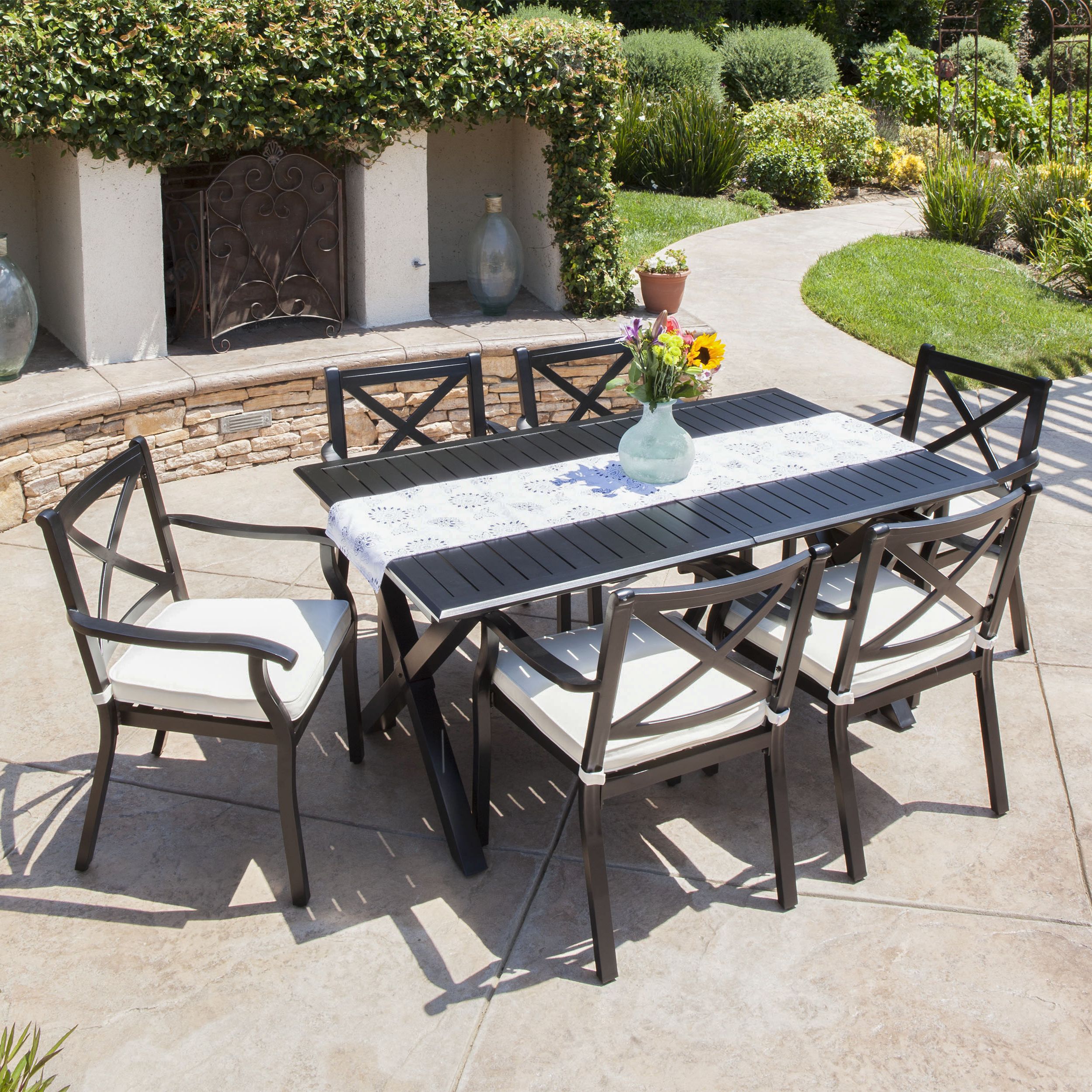 Current Outdoor Expandable 7 Piece Cast Aluminum Dining Set With Cushions,ivory Intended For Patio Dining Sets With Cushions (View 5 of 15)
