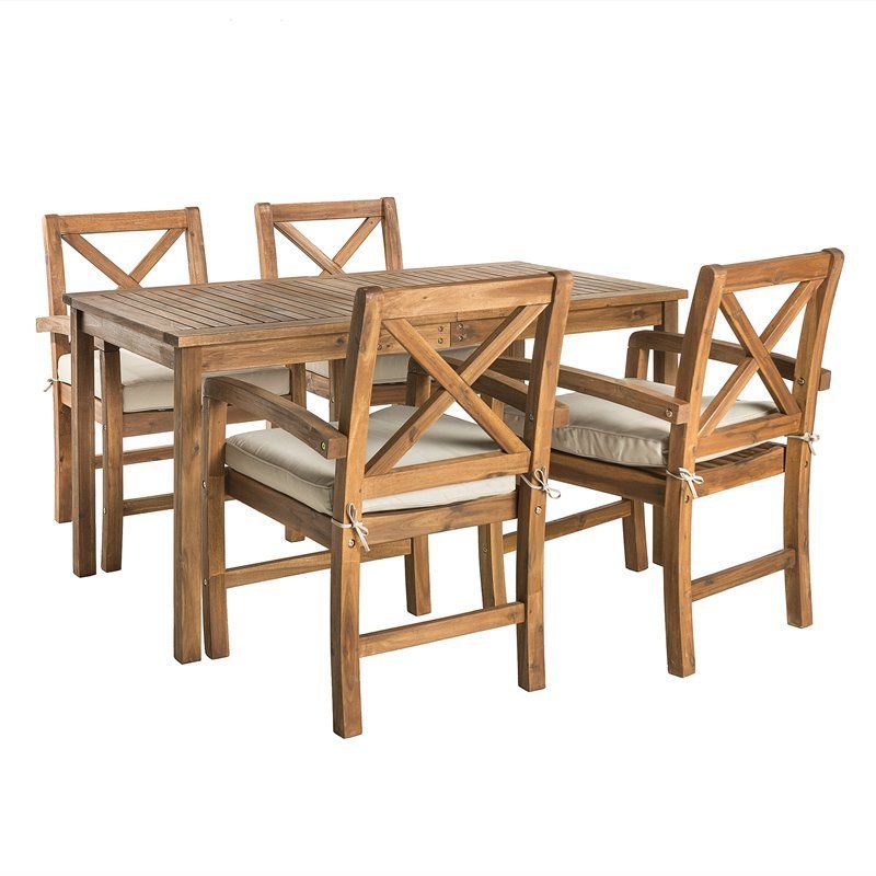 Current Pemberly Row Acacia Wood Patio 5 Piece Dining Set With X Shaped Back In Pertaining To Brown Acacia Patio Dining Sets (View 15 of 15)
