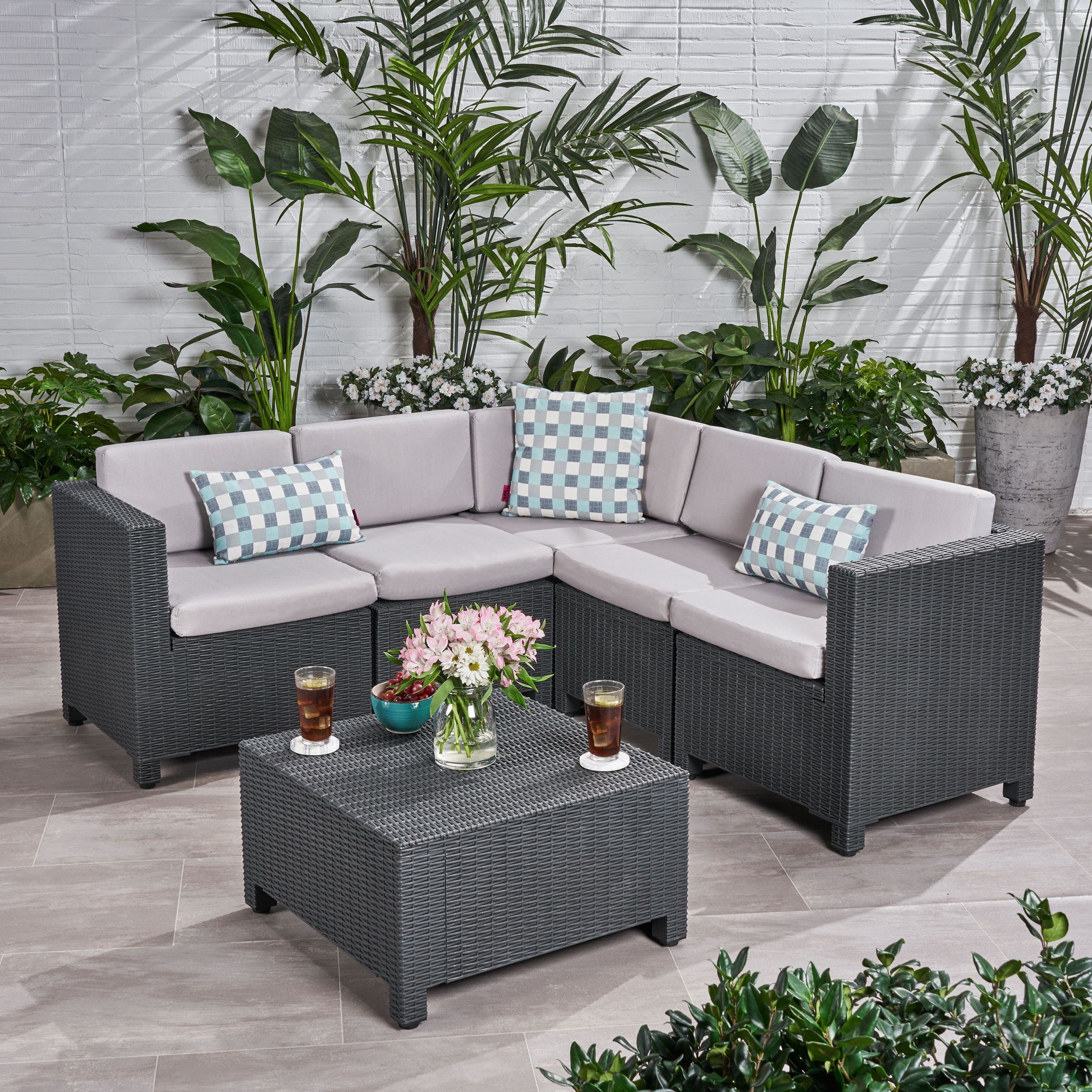 Current Primrose Outdoor All Weather Faux Wicker 5 Seater Sectional Sofa Set With Regard To Gray All Weather Outdoor Seating Patio Sets (View 9 of 15)