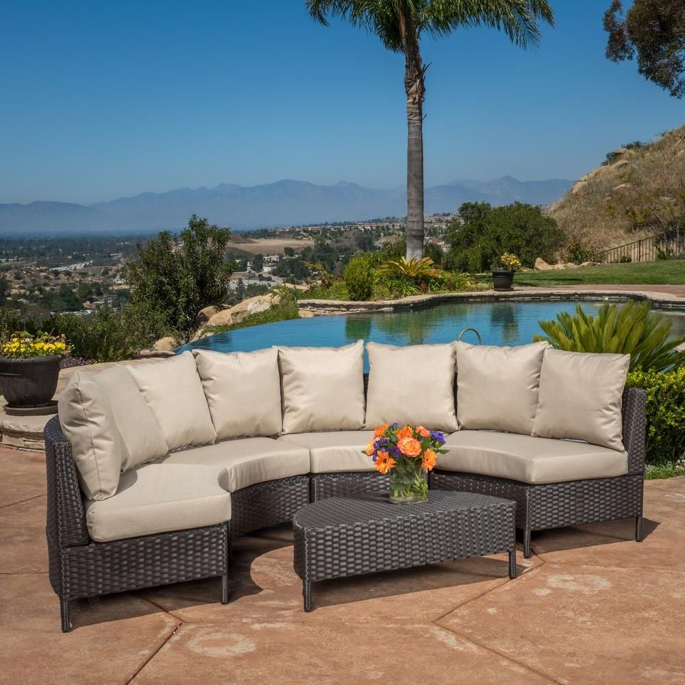 Dark Brown Patio Chairs With Cushions With Regard To Most Recent Noble House Newton Dark Brown 5 Piece Wicker Outdoor Sectional With (View 7 of 15)