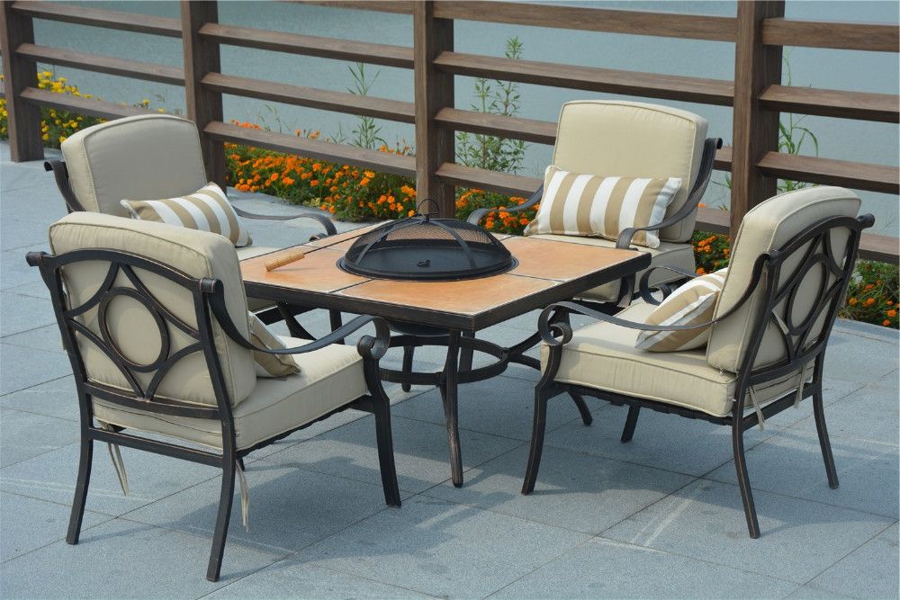Distressed Wicker Patio Dining Set Throughout Famous Hot Sell 5pc Coffee Table Outdoor Dining Table Set With Gas Fire Pit (View 10 of 15)