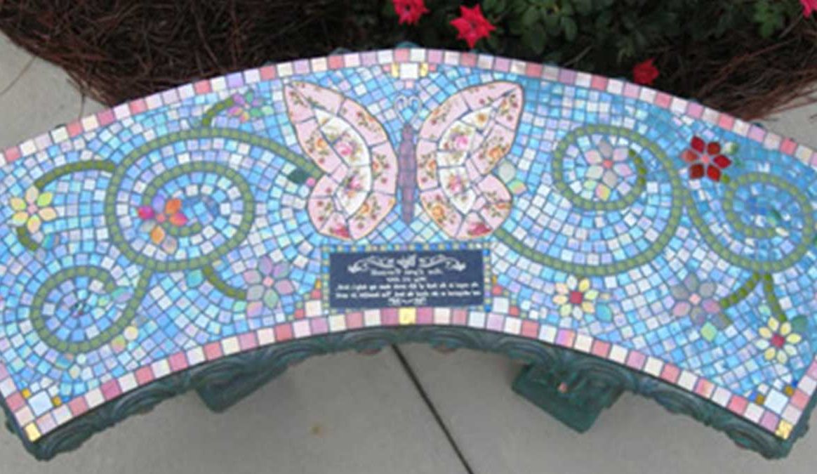 Dragonfly Mosaic Outdoor Accent Tables For Best And Newest Butterflies And Dragonflies Mosaic Memorial Benches – Water's End Studio (View 7 of 15)