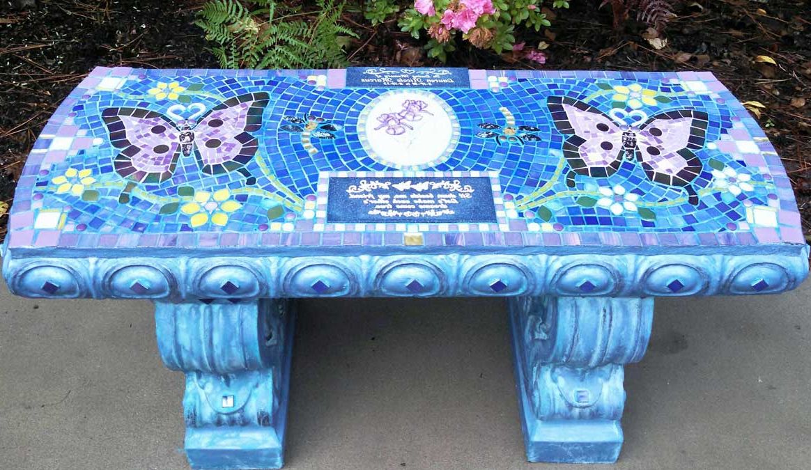 Dragonfly Mosaic Outdoor Accent Tables With Newest Butterflies And Dragonflies Mosaic Memorial Benches – Water's End Studio (View 1 of 15)