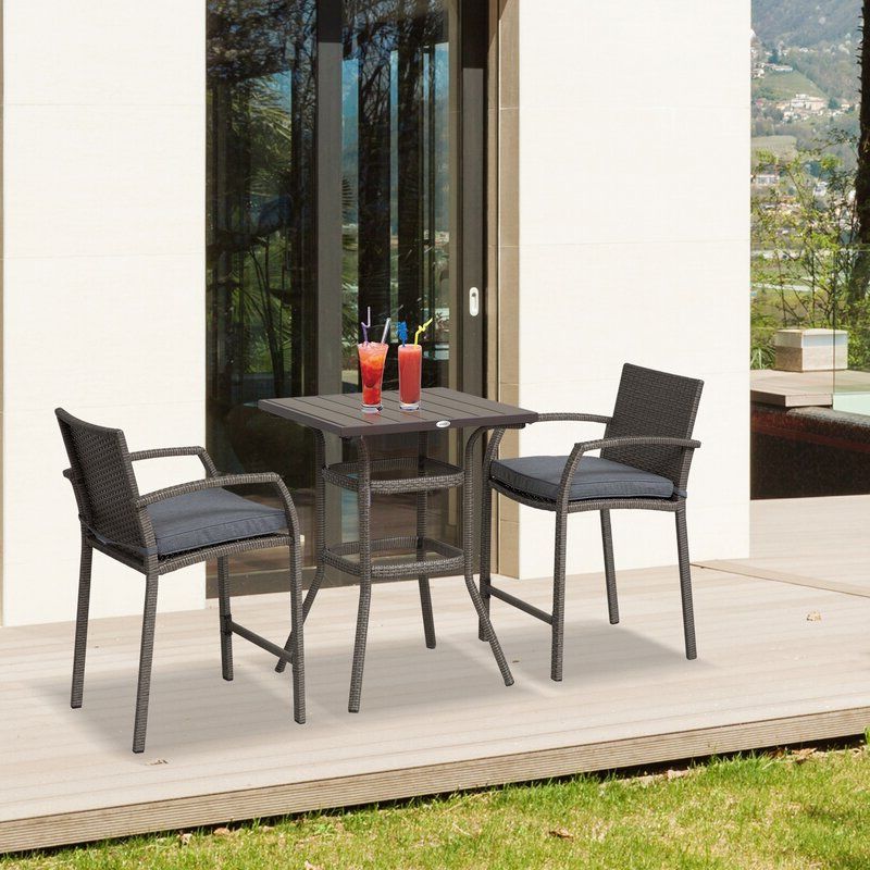 Ebern Designs 3 Piece Outdoor Pe Rattan Wicker Patio Conversation Table With Regard To Most Current 3 Piece Outdoor Table And Chair Sets (View 6 of 15)