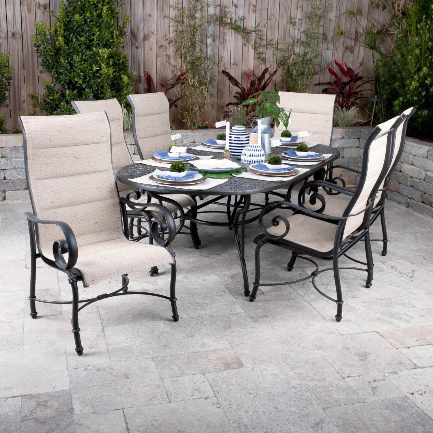 Elysian 7 Piece Padded Sunbrella Sling Patio Dining Set W/ 84 X 42 Inch Pertaining To Most Up To Date Oval 7 Piece Outdoor Patio Dining Sets (View 13 of 15)