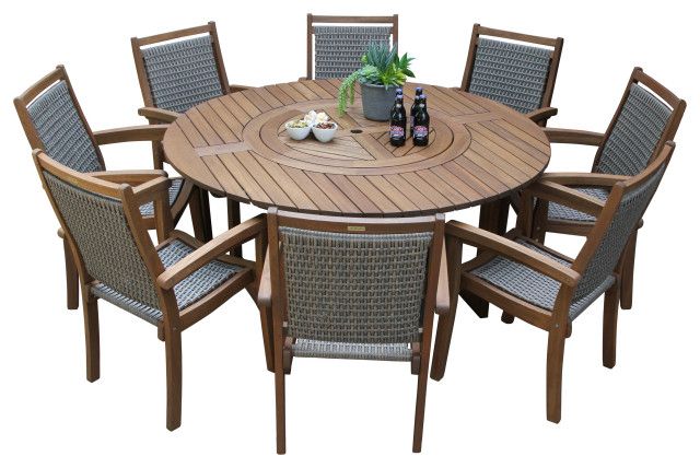 Eucalyptus Round Dining Sets With Popular 9 Piece Eucalyptus Round Lazy Susan Dining Set With 8 Stacking Wicker (View 14 of 15)