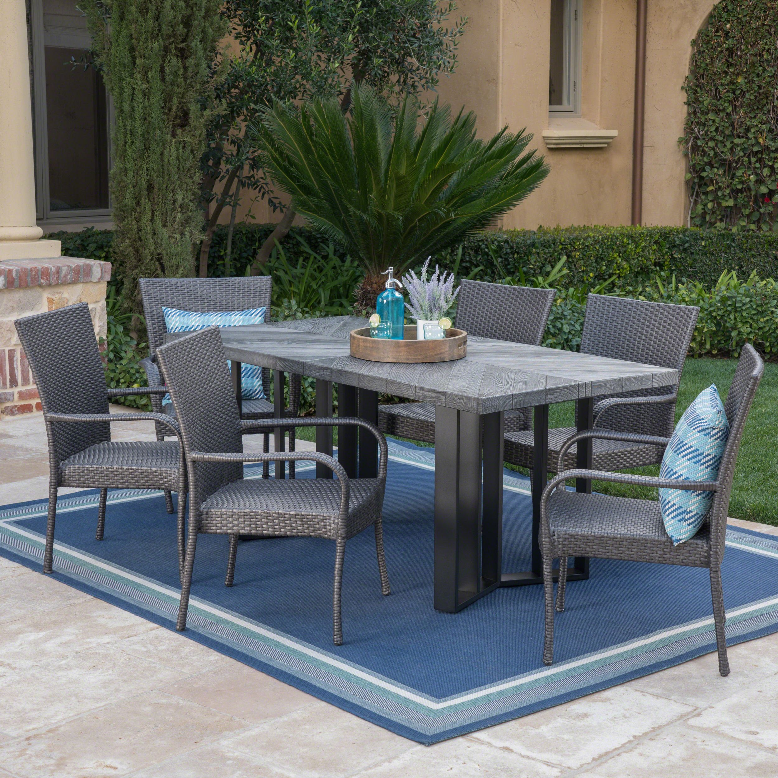 Fabiana Outdoor 7 Piece Wicker Dining Set With Textured Finish Light With Regard To Famous Gray Wicker Rectangular Patio Dining Sets (View 2 of 15)