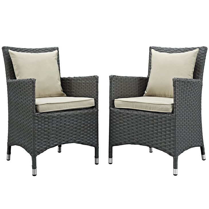 Fabric Outdoor Wicker Armchairs In Widely Used Sojourn 2 Rattan Patio Arm Chairs With Beige Fabric Cushionmodway (View 9 of 15)