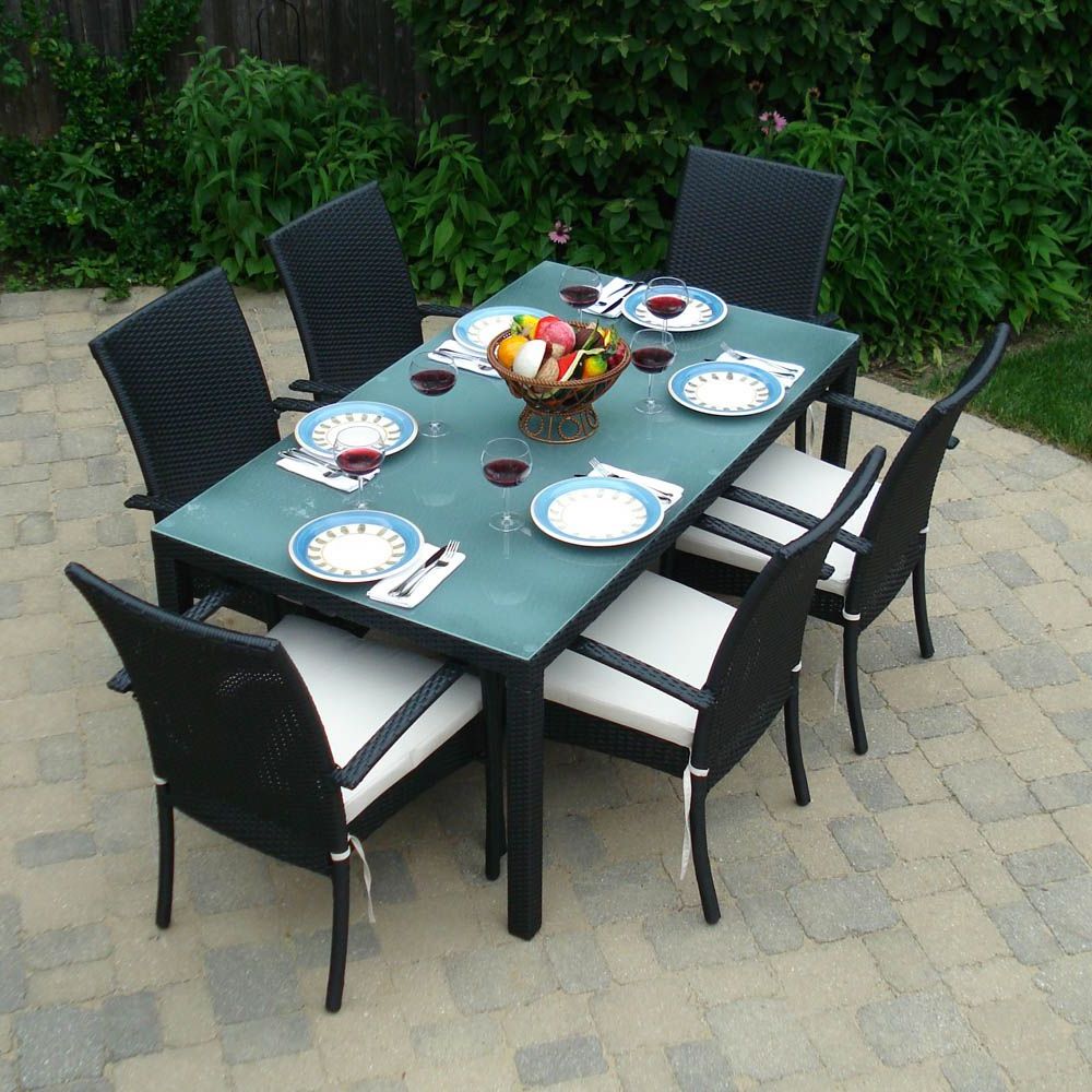 Fabulous Patio Furniture Dining Set With Black And White Armchairs Regarding Well Liked Black Outdoor Dining Modern Chairs Sets (View 13 of 15)