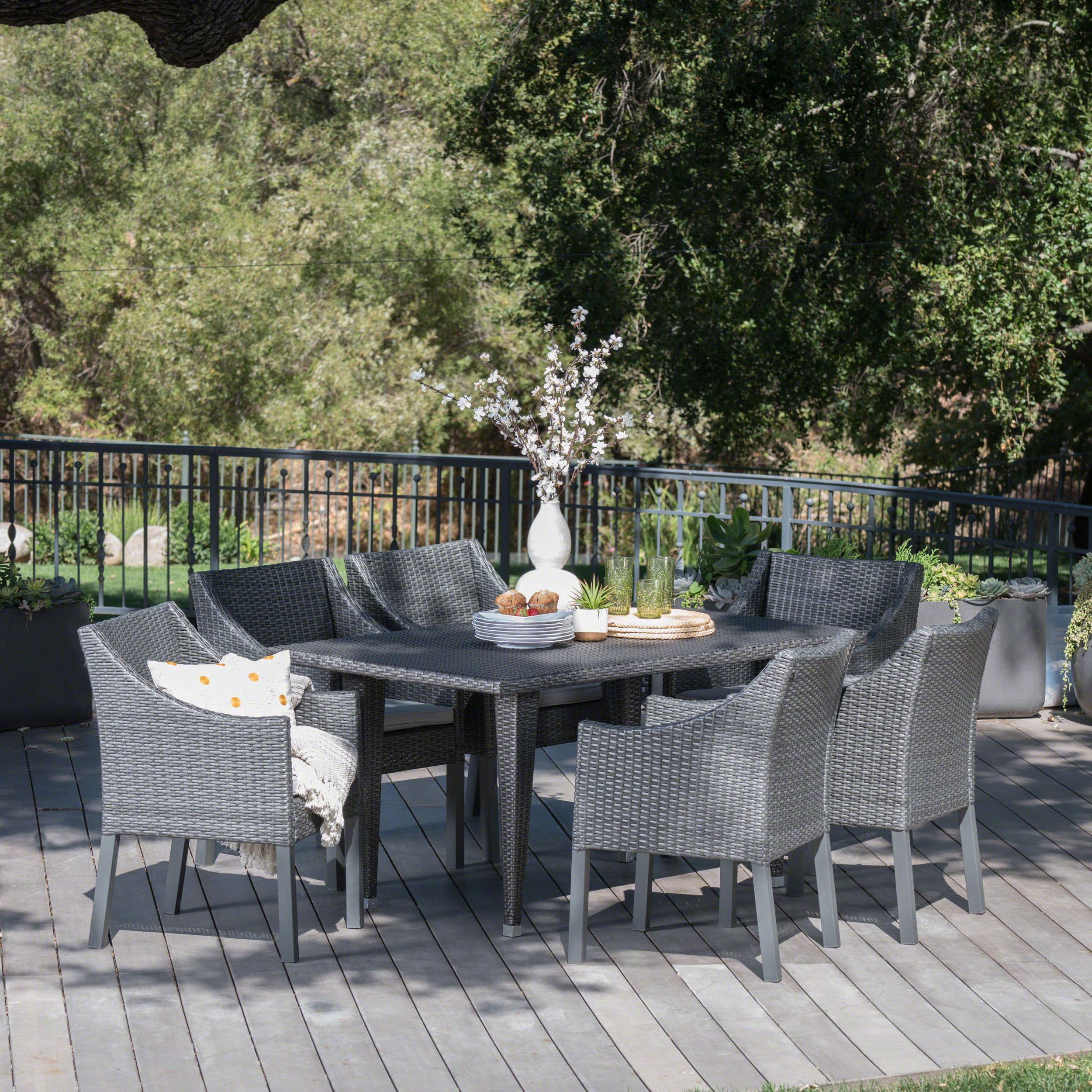 Famous 7 Piece Patio Dining Sets With Cushions For Alanna Outdoor 7 Piece Wicker Rectangular Dining Set With Water (View 11 of 15)