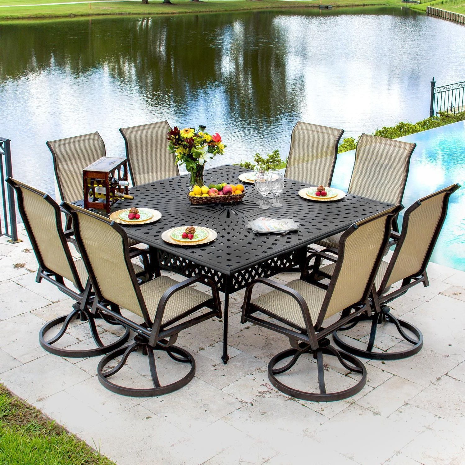Famous 9 Piece Teak Outdoor Square Dining Sets Throughout Madison Bay 9 Piece Sling Patio Dining Set With Swivel Rockers And (View 14 of 15)