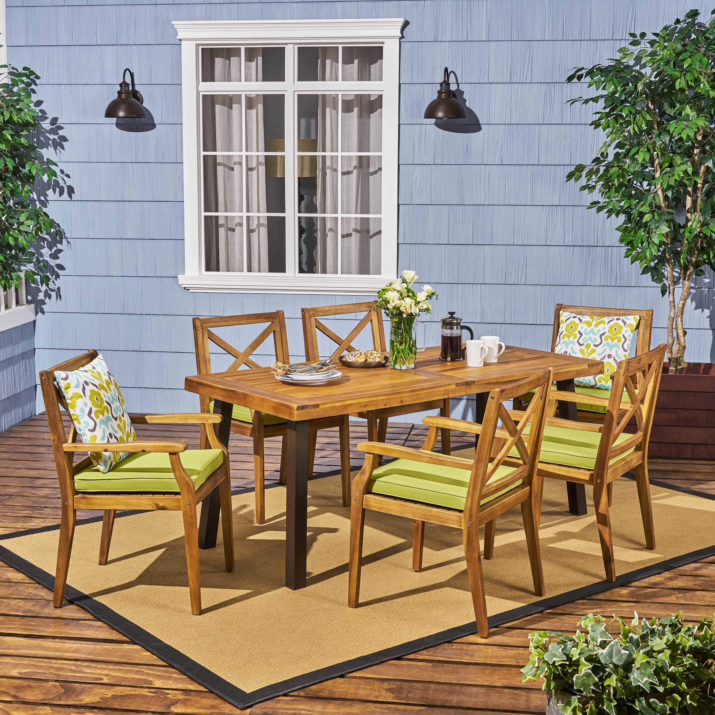 Famous Corey Outdoor 7 Piece Acacia Wood Dining Set With Table, Teak, Rustic Within 7 Pieces Teak Outdoor Dining Sets (View 3 of 15)