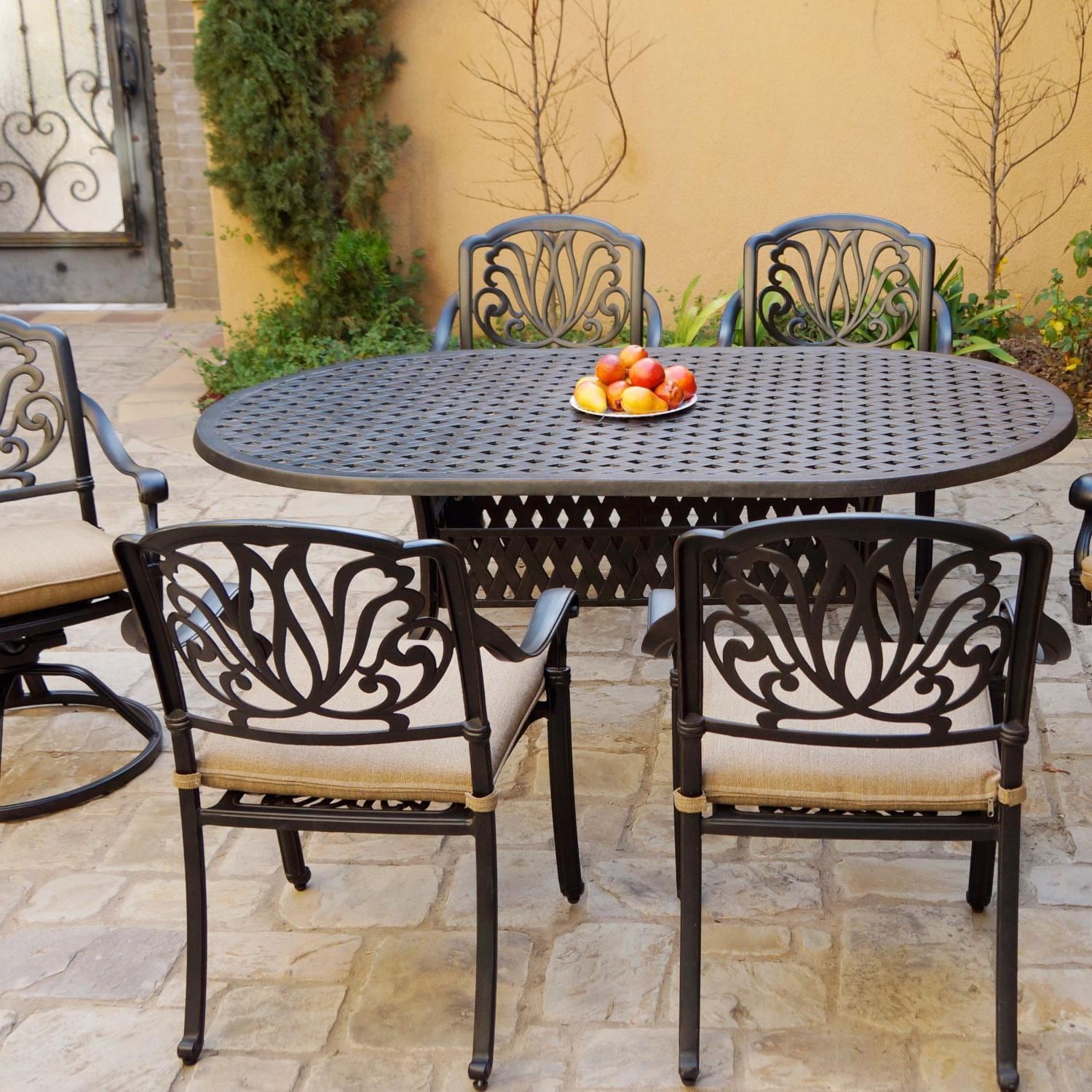 Famous Elisabeth 7 Piece Cast Aluminum Patio Dining Set W/ 72 X 42 Inch Oval Pertaining To 7 Piece Outdoor Oval Dining Sets (View 10 of 15)