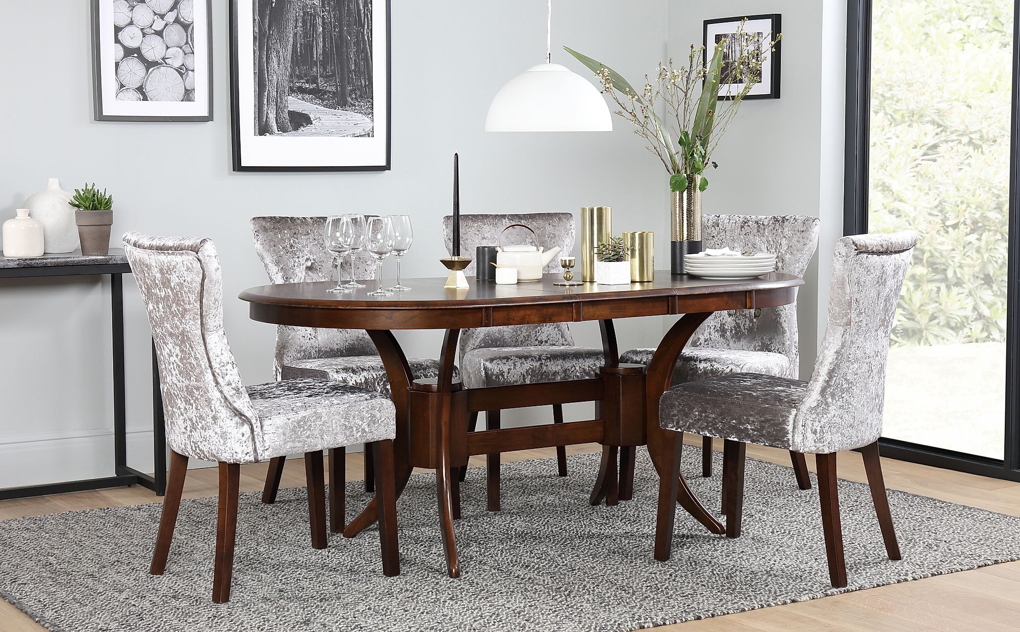 Famous Extendable Oval Dining Sets Pertaining To Townhouse Oval Dark Wood Extending Dining Table With 4 Bewley Silver (View 9 of 15)