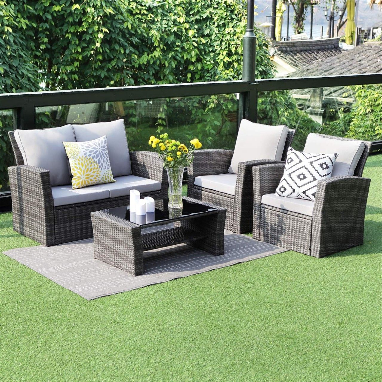 Famous Gray All Weather Outdoor Seating Patio Sets Throughout 5 Piece Outdoor Patio Furniture Sets, Wicker Ratten Sectional Sofa With (View 12 of 15)