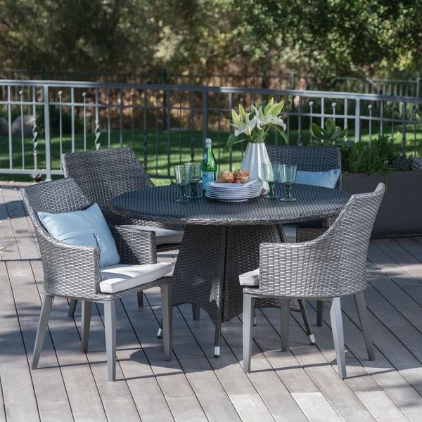 Famous Gray Wicker 5 Piece Round Patio Dining Sets Pertaining To Shop Hillhurst Outdoor 5 Piece Round Wicker Dining Set With Cushions (View 9 of 15)