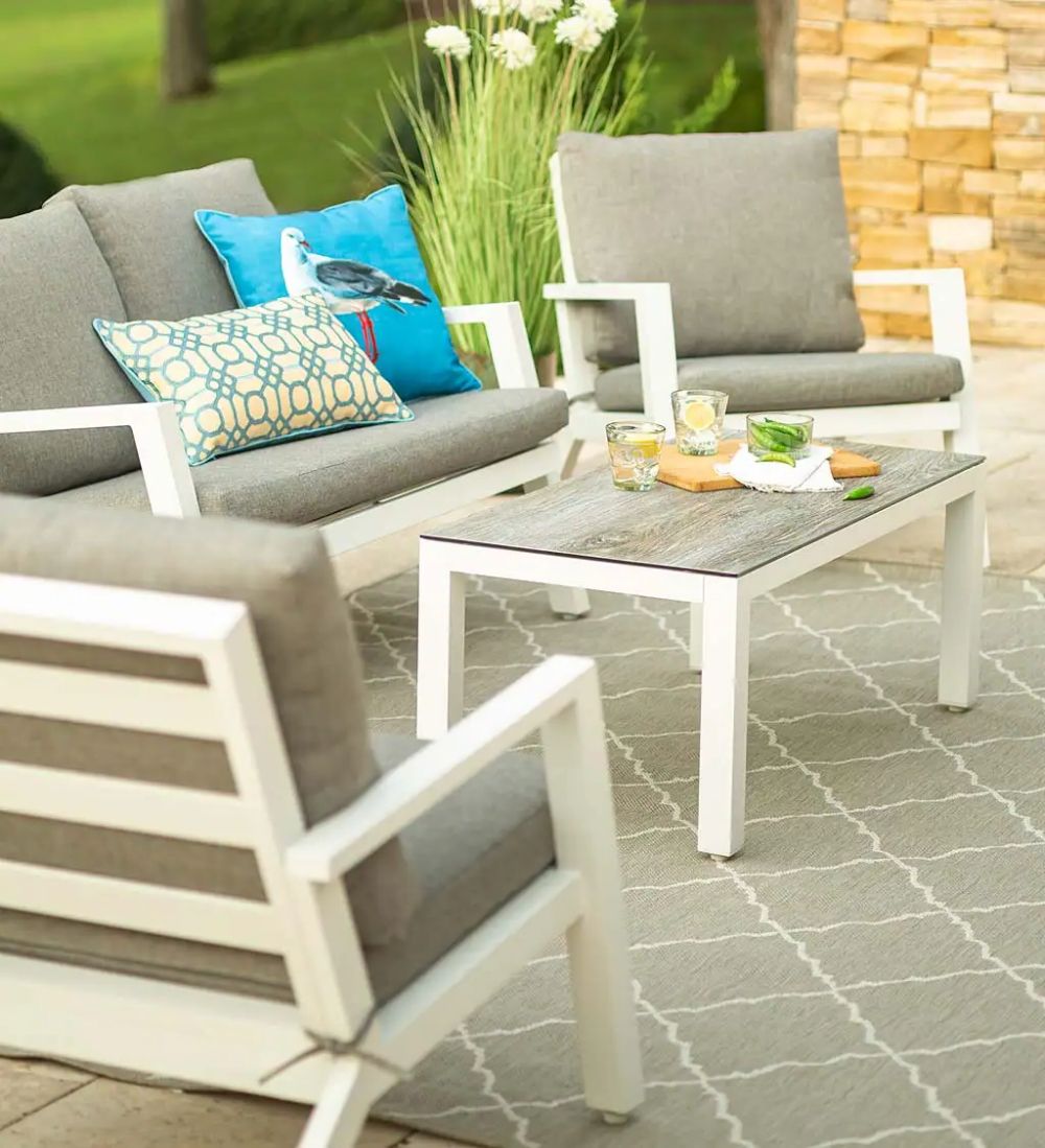 Famous Green Spring Aluminum 4 Piece Outdoor Seating Set With Cushions – White With Regard To White 4 Piece Outdoor Seating Patio Sets (View 5 of 15)