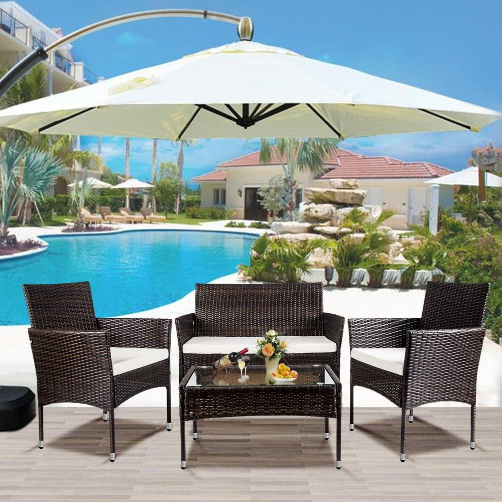 Famous Harper & Bright Designs Brown 4 Piece Wicker Patio Conversation Set With Brown Patio Conversation Sets With Cushions (View 12 of 15)
