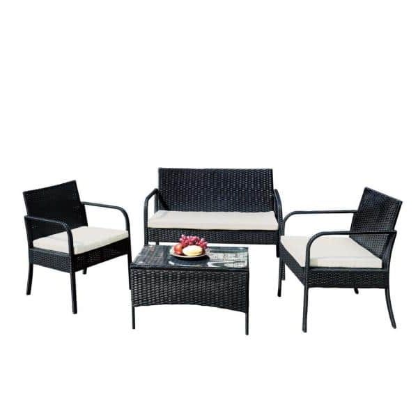 Famous Inner Decor Carney Black 4 Piece Wicker Sturdy Outdoor Patio With Black Cushion Patio Conversation Sets (View 10 of 15)