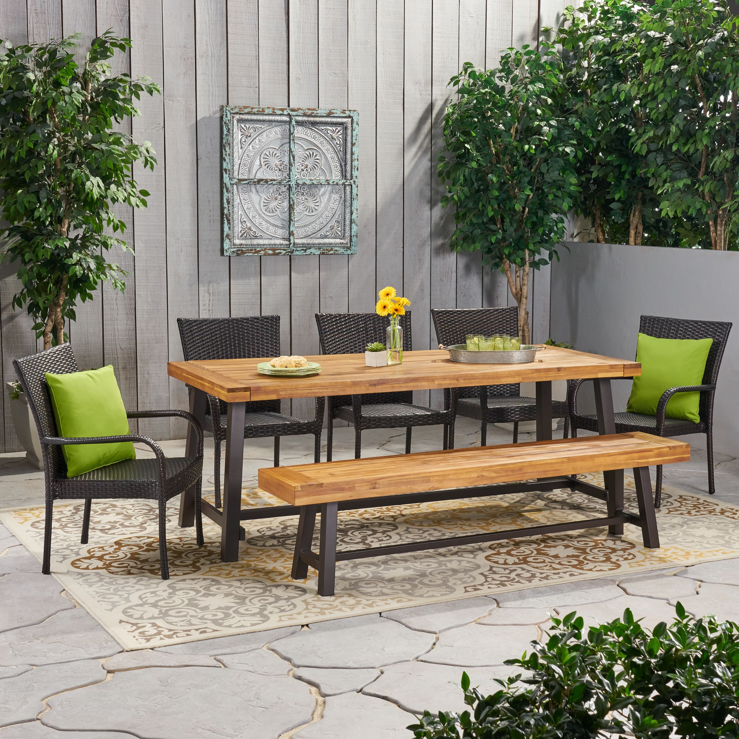 Famous Logan Outdoor Rustic Acacia Wood 8 Seater Dining Set With Dining Bench Regarding Acacia Wood Outdoor Seating Patio Sets (View 6 of 15)