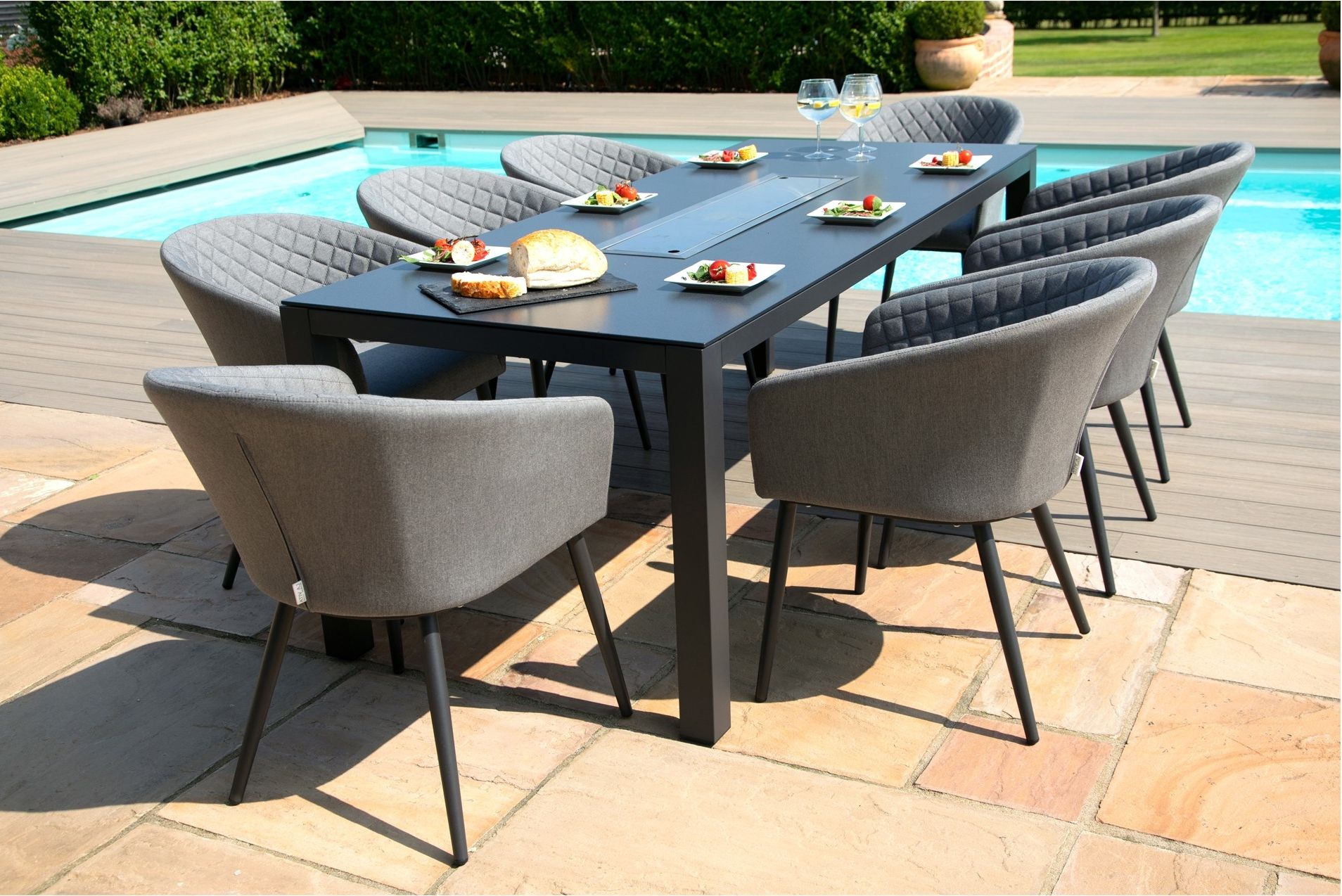 Famous Maze Ambition Outdoor Fabric 8 Seat Rectangular Fire Pit Dining Set With Large Rectangular Patio Dining Sets (View 9 of 15)