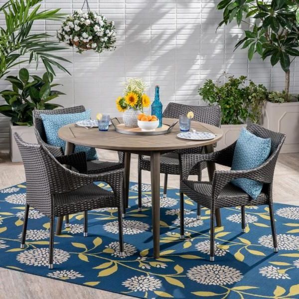 Famous Noble House Donatella Gray 5 Piece Wood And Wicker Outdoor Dining Set Pertaining To Gray Wicker 5 Piece Round Patio Dining Sets (View 11 of 15)