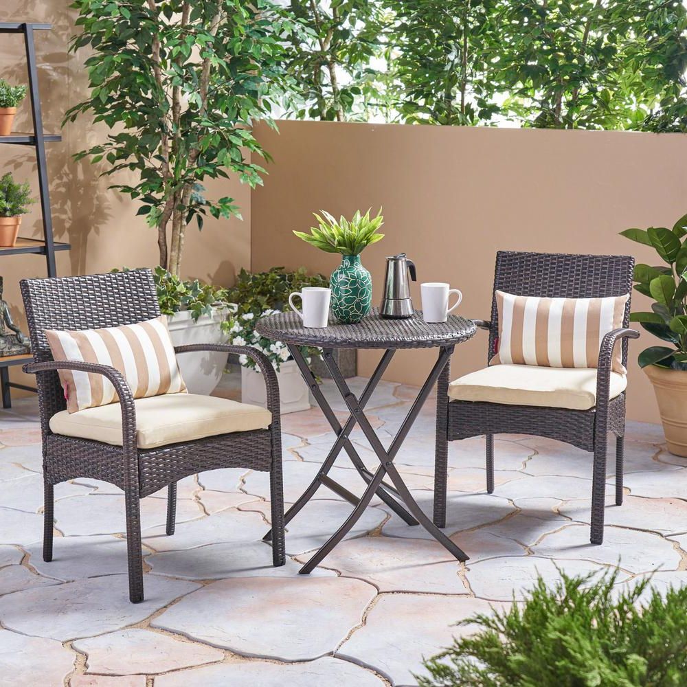 Famous Outdoor Wicker Cafe Dining Sets Inside Noble House Multi Brown 3 Piece Wicker Outdoor Bistro Set With Cream (View 2 of 15)