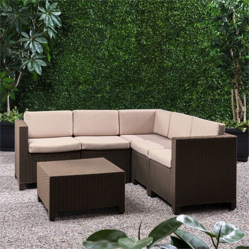 Famous Outdoor Wicker Sectional Sofa Sets Regarding Noble House Waverly 6 Piece Outdoor Faux Wicker Sectional Sofa Set In (View 3 of 15)