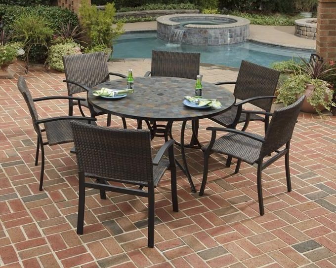 Famous Stone Harbor 7 Piece 51" Outdoor Dining Table And 6 Newport Arm Chairs Within 7 Piece Large Patio Dining Sets (View 11 of 15)