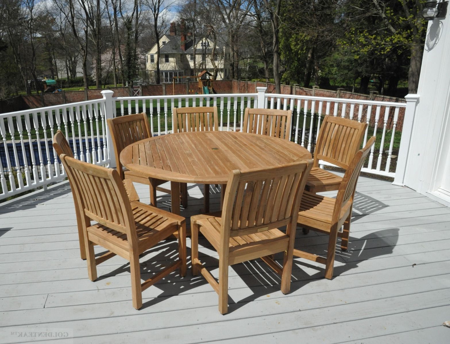 Famous Teak Armchair Round Patio Dining Sets Inside Teak Patio Dining Set For 8 – Round Table 8 Teak Side Chairs (View 2 of 15)