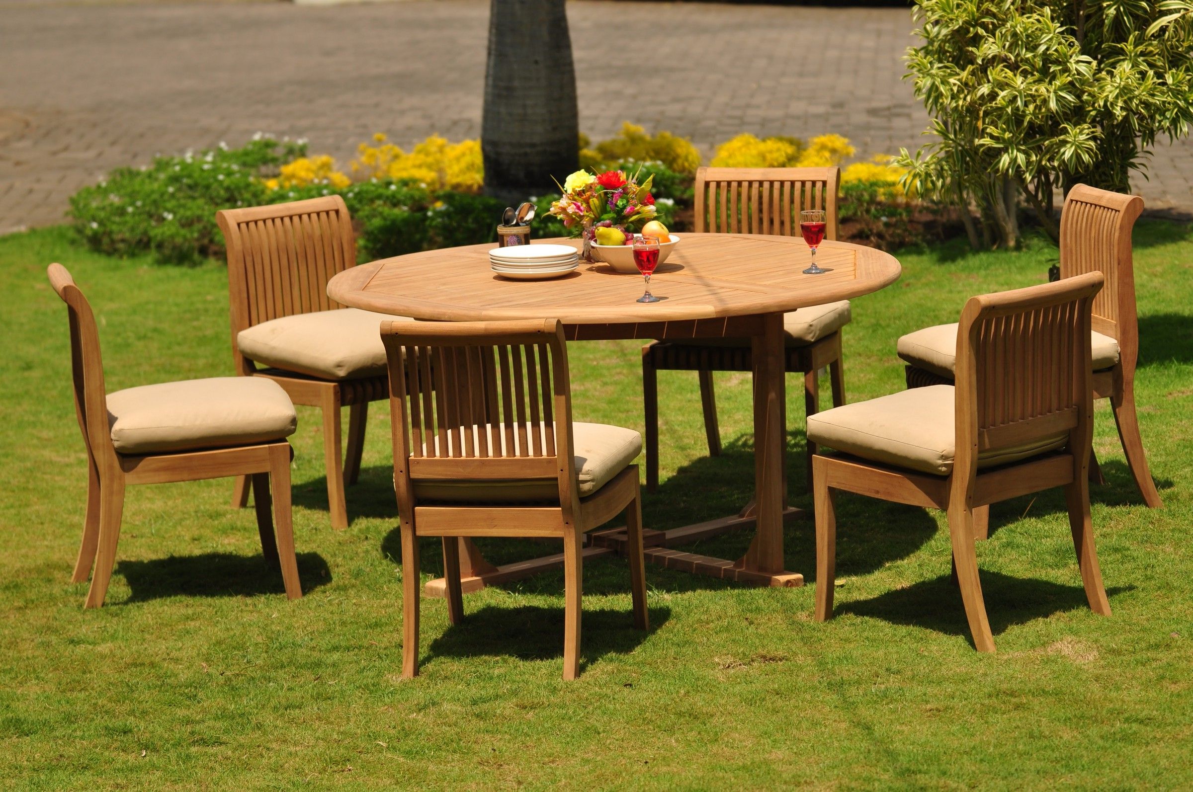 Famous Teak Dining Set: 6 Seater 7 Pc: 60" Round Table And 6 Giva Armless Pertaining To Teak Folding Chair Patio Dining Sets (View 5 of 15)