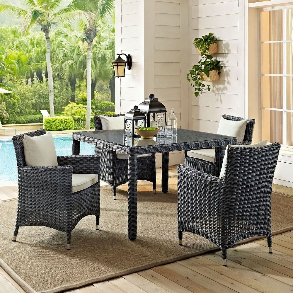 Famous Wicker Square 9 Piece Patio Dining Sets Pertaining To Wicker 5 Piece Square Patio Dining Set (View 4 of 15)