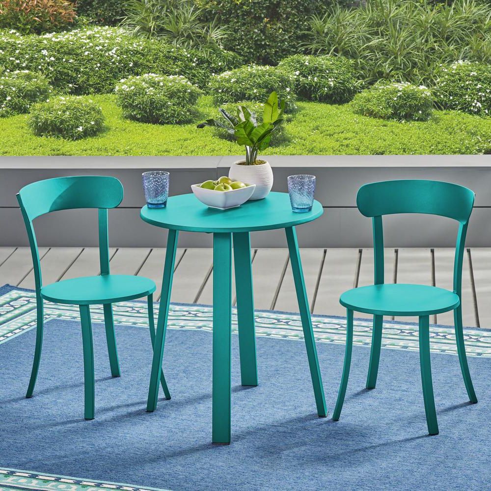 Fashionable 3 Piece Patio Bistro Sets For Noble House Teagan Matte Teal 3 Piece Metal Outdoor Bistro Set  (View 4 of 15)
