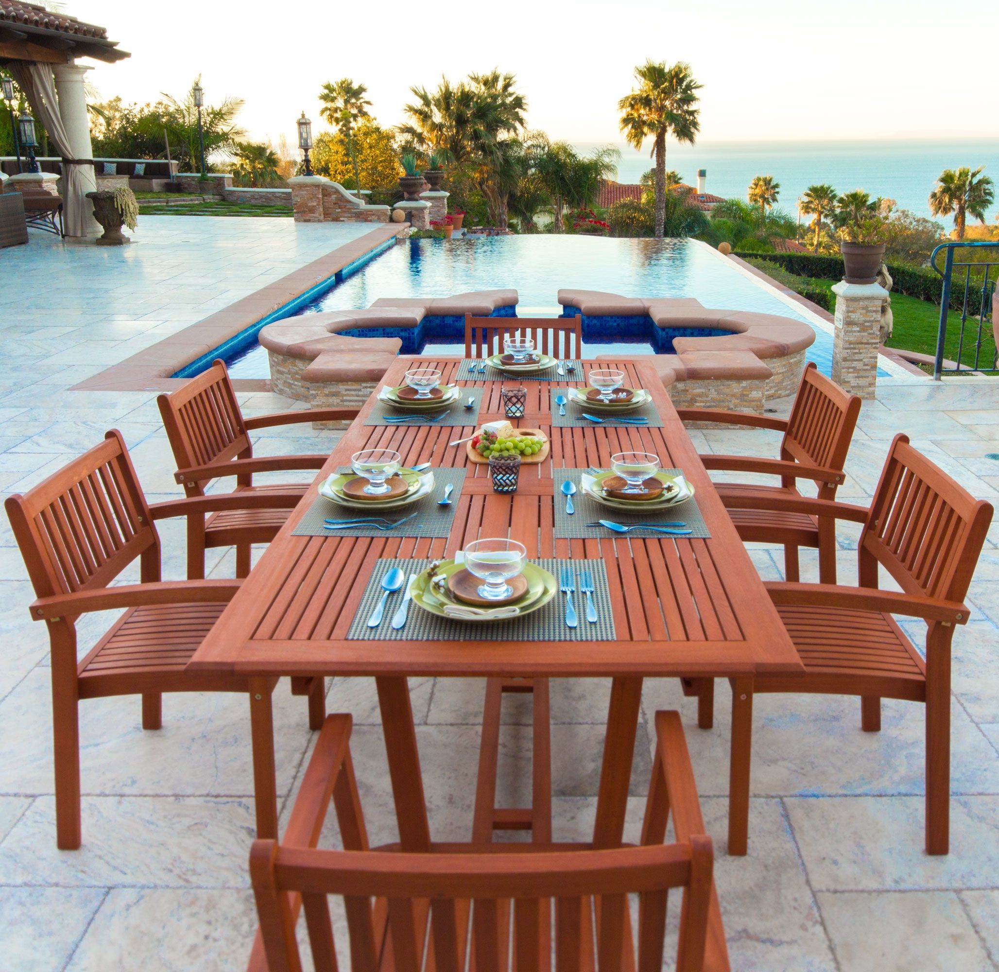 Fashionable 7 Piece Large Patio Dining Sets Regarding Vifah Malibu Outdoor 7 Piece Wood Patio Dining Set W Table & Stacking (View 1 of 15)