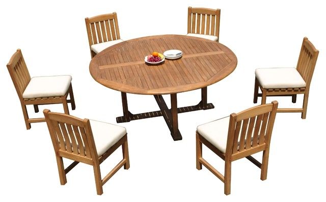 Fashionable Armless Round Dining Sets For 7 Piece Outdoor Patio Teak Dining Set: 72" Round Table, 6 Devon Armless (View 8 of 15)