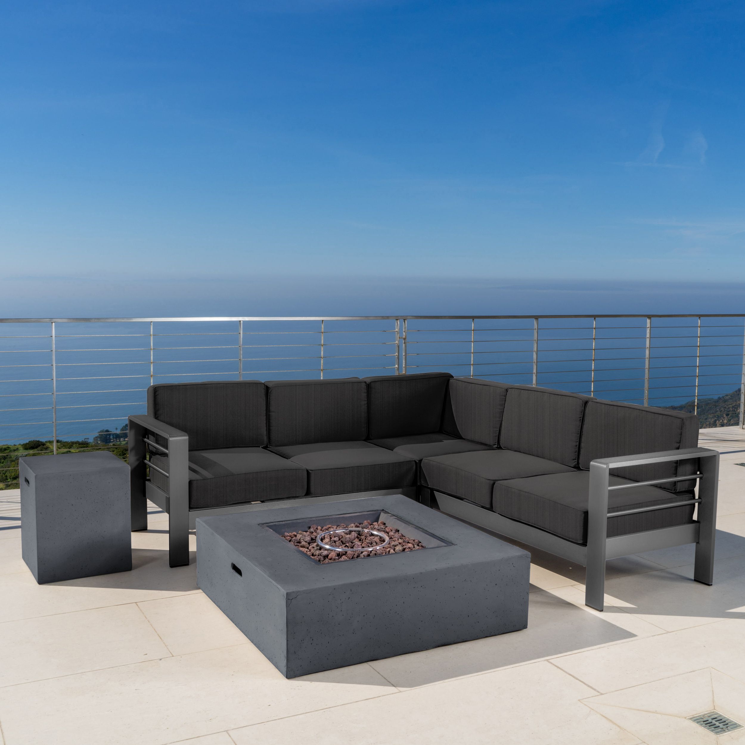 Fashionable Black And Gray Outdoor Table And Chair Sets Within Noble House Miller Outdoor Aluminum 5 Piece V Shape Sectional Sofa Set (View 11 of 15)