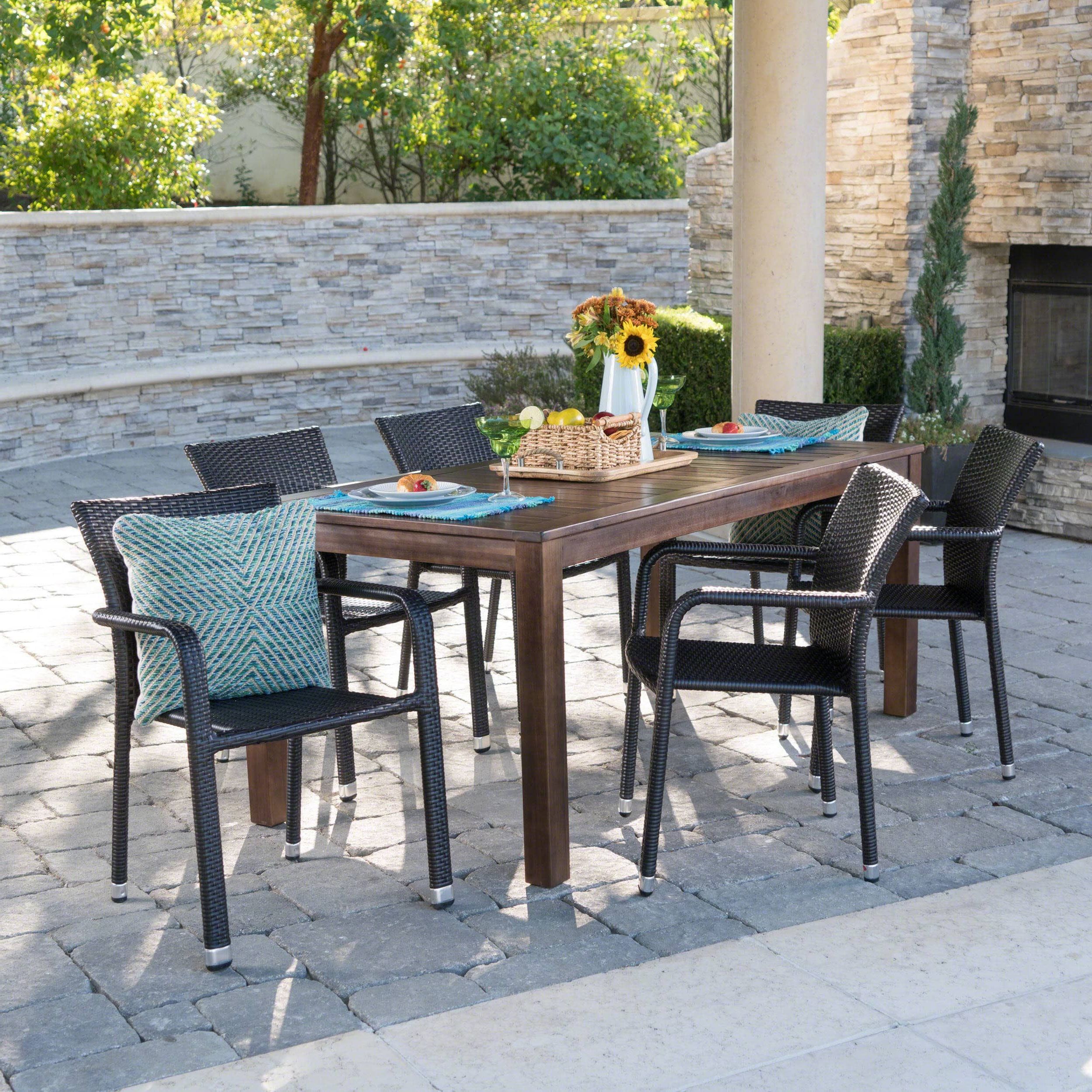Fashionable Brown Wicker Rectangular Patio Dining Sets Regarding Newcastle Outdoor 7 Piece Rectangle Aluminum Wicker Wood Dining Set (View 10 of 15)