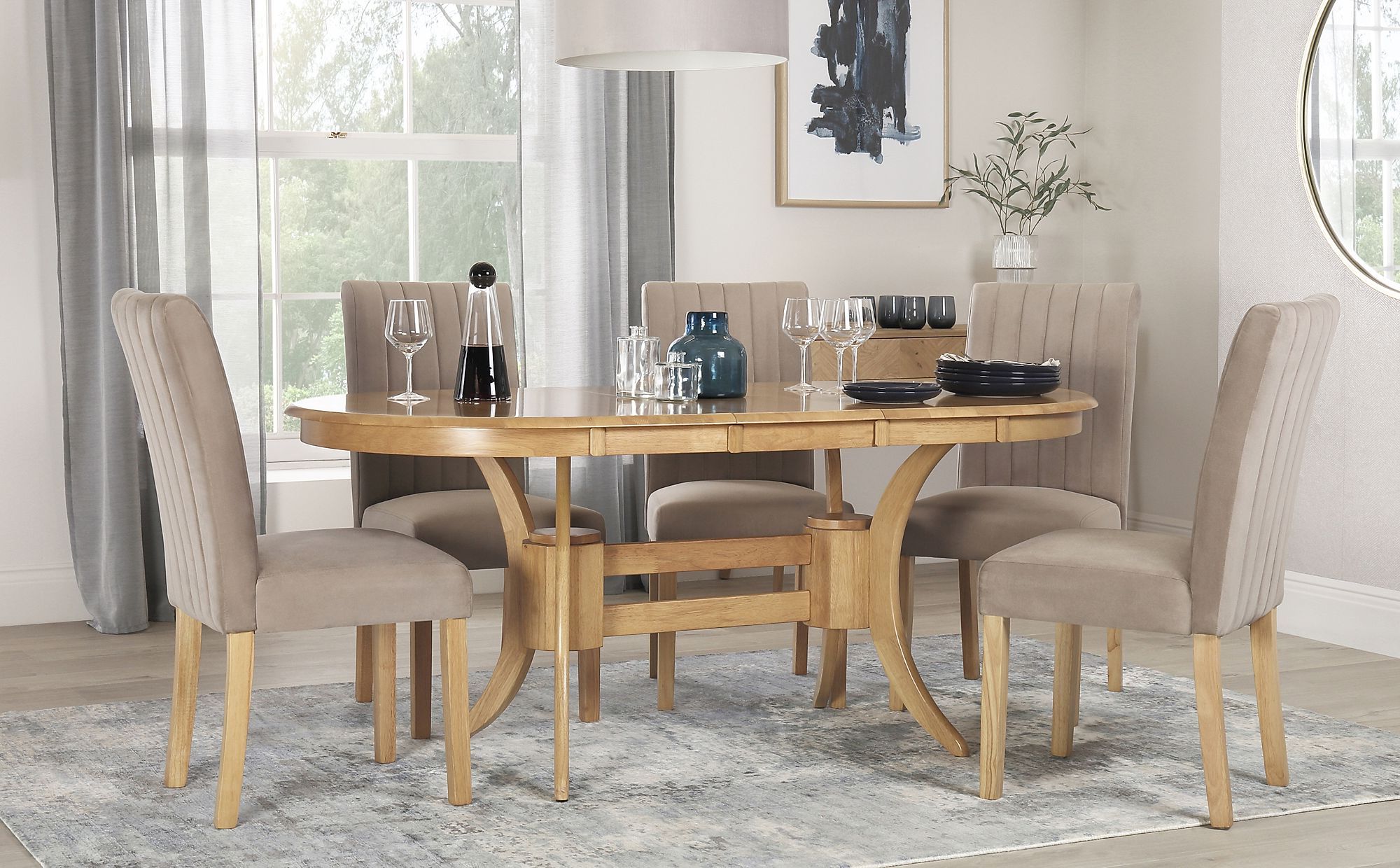 Fashionable Extendable Oval Dining Sets Intended For Townhouse Oval Oak Extending Dining Table With 6 Salisbury Mink Velvet (View 7 of 15)