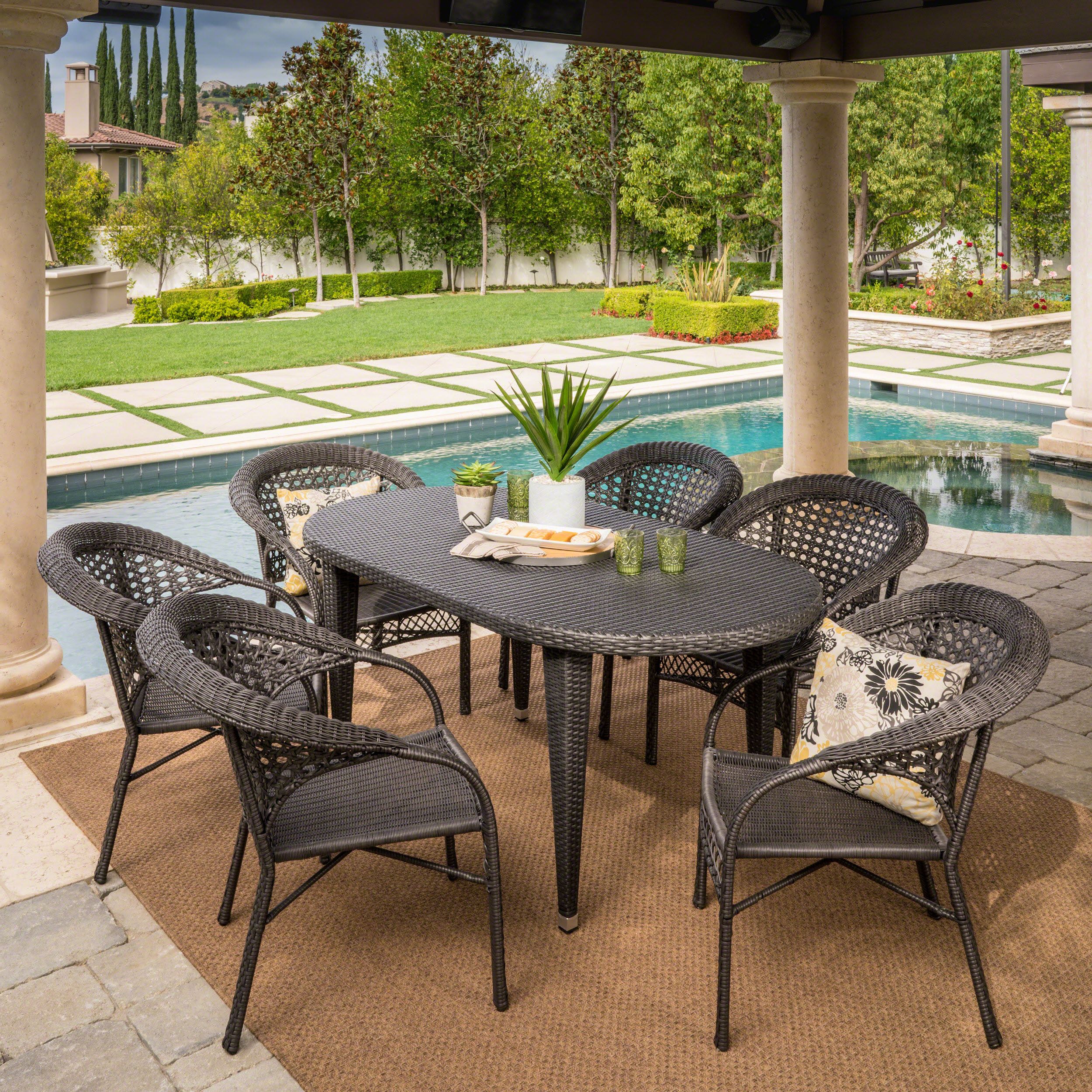 Fashionable Gray Wicker Round Patio Dining Sets With Regard To Matador Outdoor 7 Piece Grey Wicker Oval Dining Set With Stacking (View 9 of 15)
