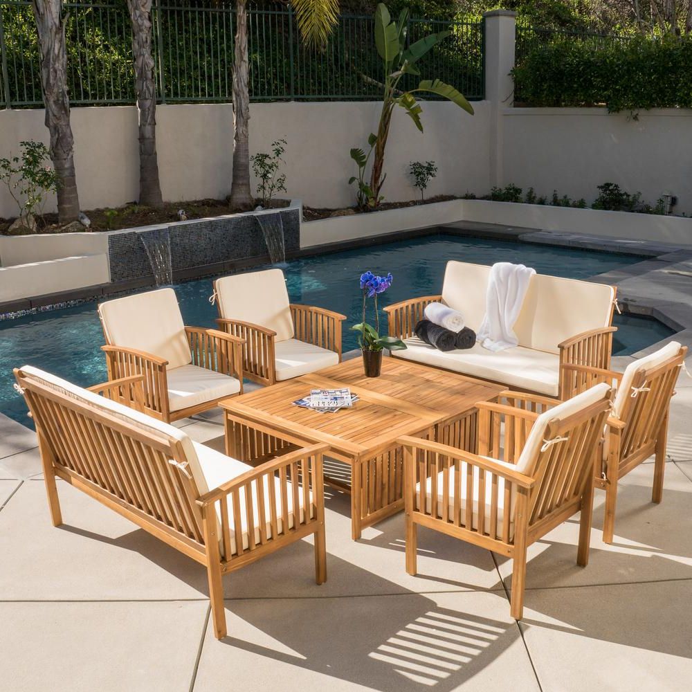 Fashionable Noble House Thalia Brown 8 Piece Wood Patio Conversation Set With Cream In Indoor Outdoor Conversation Sets (View 3 of 15)