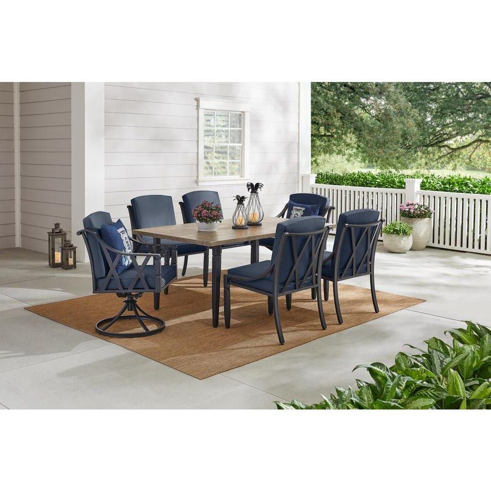 Fashionable Sky Blue Outdoor Seating Patio Sets With Regard To Hampton Bay Harmony Hill 7 Piece Black Steel Outdoor Patio Dining Set (View 1 of 15)