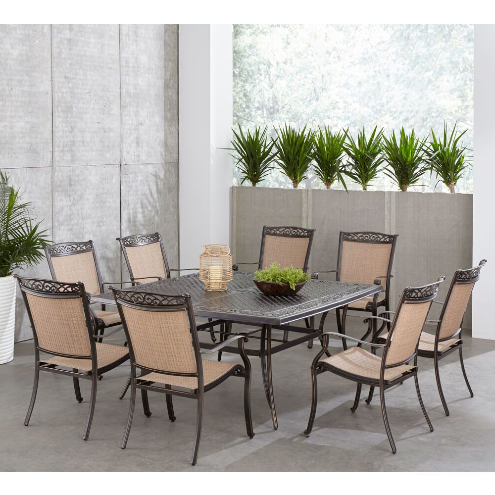 Favorite 9 Piece Outdoor Square Dining Sets Within Hanover Fontana 9 Piece Outdoor Dining Set With 8 Sling Chairs And A  (View 2 of 15)