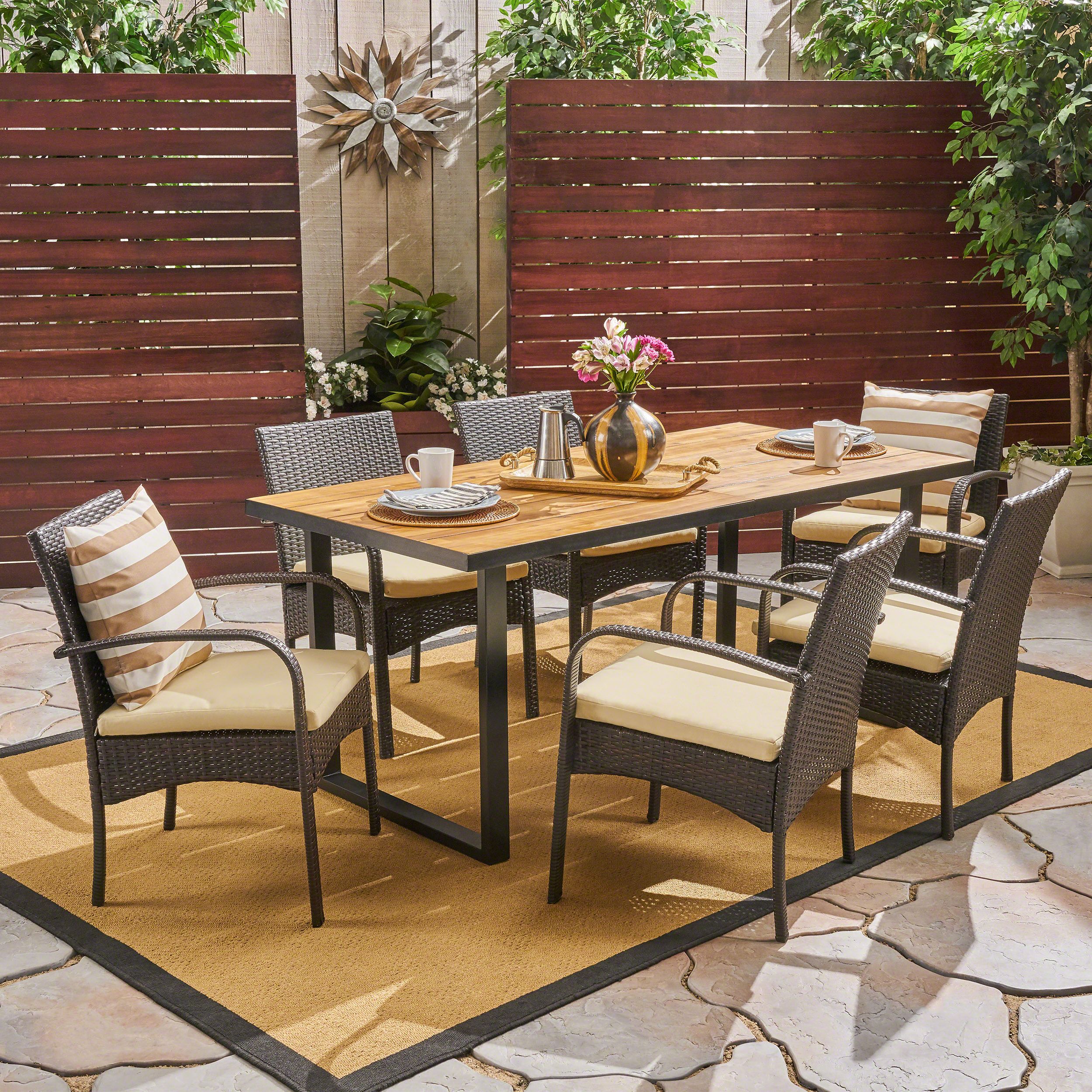 Favorite Juliet Outdoor 7 Piece Acacia Wood And Wicker Rectangular Dining Set With Teak Wood Rectangular Patio Dining Sets (View 6 of 15)