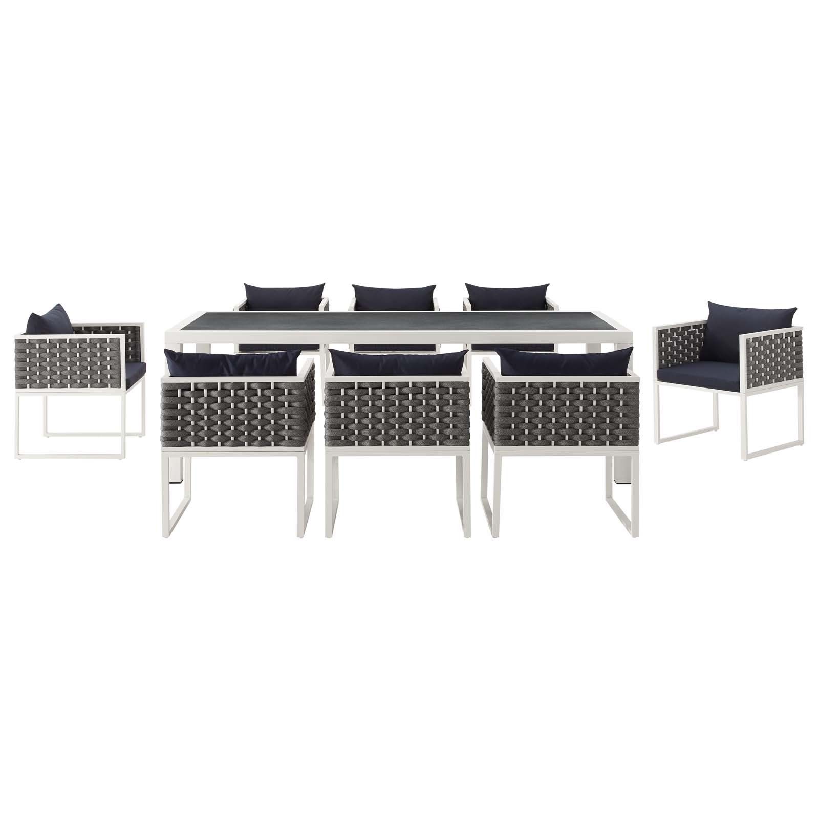 Favorite Navy Outdoor Seating Sets Within Stance White Navy 9 Piece Outdoor Patio Aluminum Dining Set Eei  (View 15 of 15)
