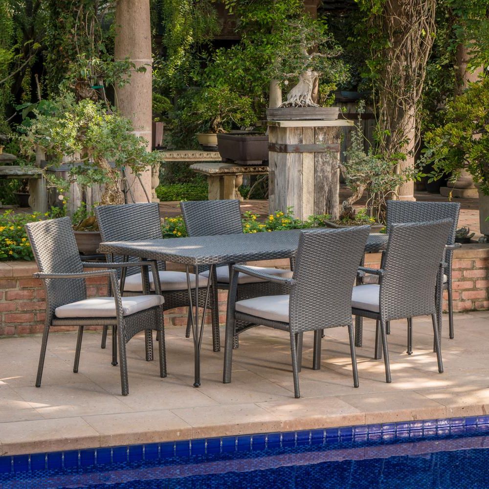 Favorite Noble House Luka Grey 7 Piece Wicker Outdoor Dining Set With Grey Intended For 7 Piece Patio Dining Sets (View 3 of 15)
