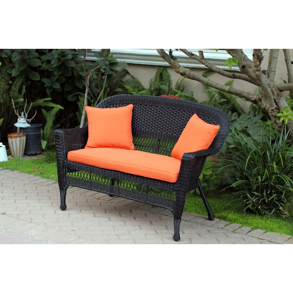 Favorite Outdoor Wicker Orange Cushion Patio Sets Regarding Black Wicker Patio Love Seat With Orange Cushion And Pillows (View 5 of 15)
