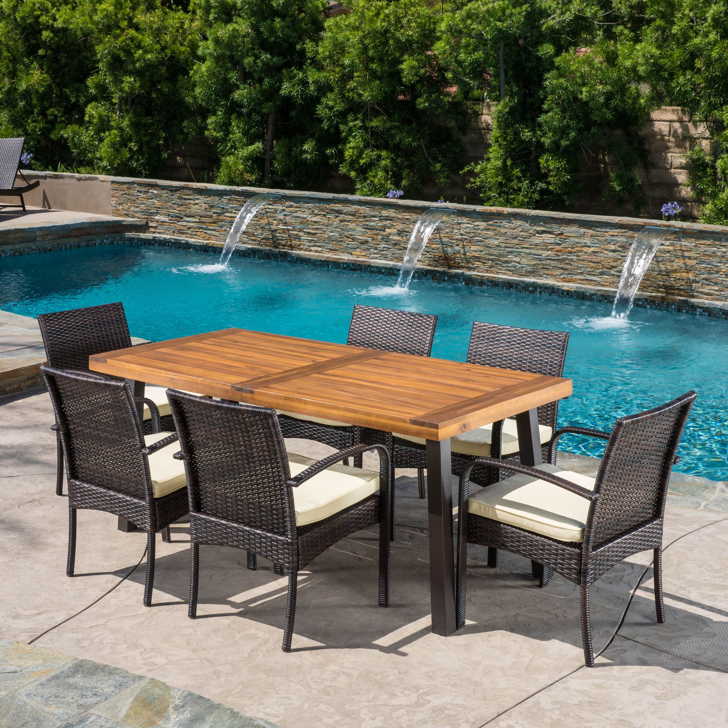 Favorite Teak Wicker Outdoor Dining Sets For Baratta Outdoor Wicker And Acacia Wood 7 Piece Dining Set, Teak Finish (View 2 of 15)