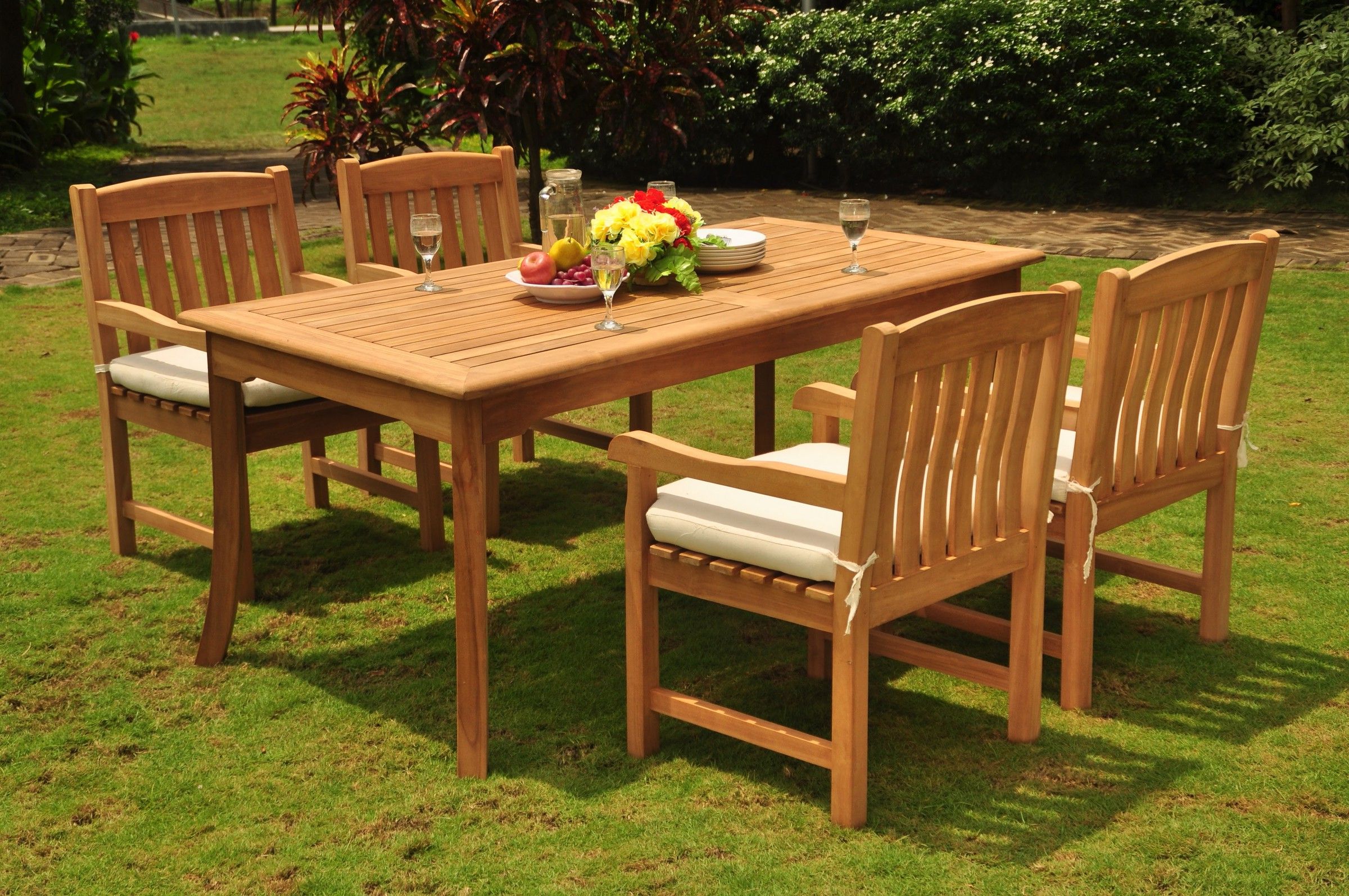 Favorite Teak Wood Outdoor Table And Chairs Sets In Teak Dining Set: 4 Seater 5 Pc: 71" Rectangle Dining Table And 4 Devon (View 3 of 15)