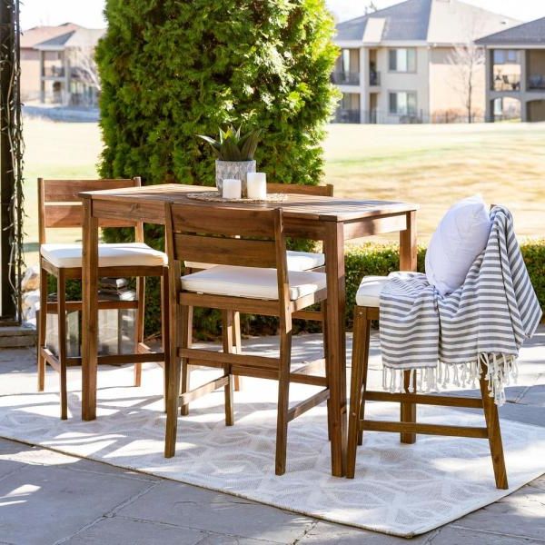 Favorite White Wood Soutdoor Seating Sets In Welwick Designs Dark Brown 5 Piece Acacia Wood Rectangle Counter Height (View 15 of 15)