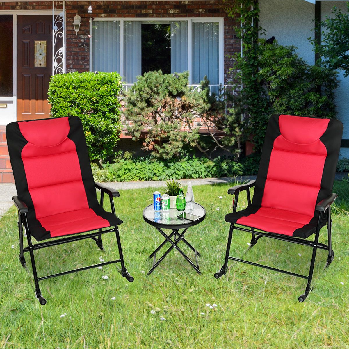 Goplus Red 3 Piece Outdoor Folding Rocking Chair Table Set Bistro Sets Intended For Current Blue 3 Piece Outdoor Seating Sets (View 9 of 15)